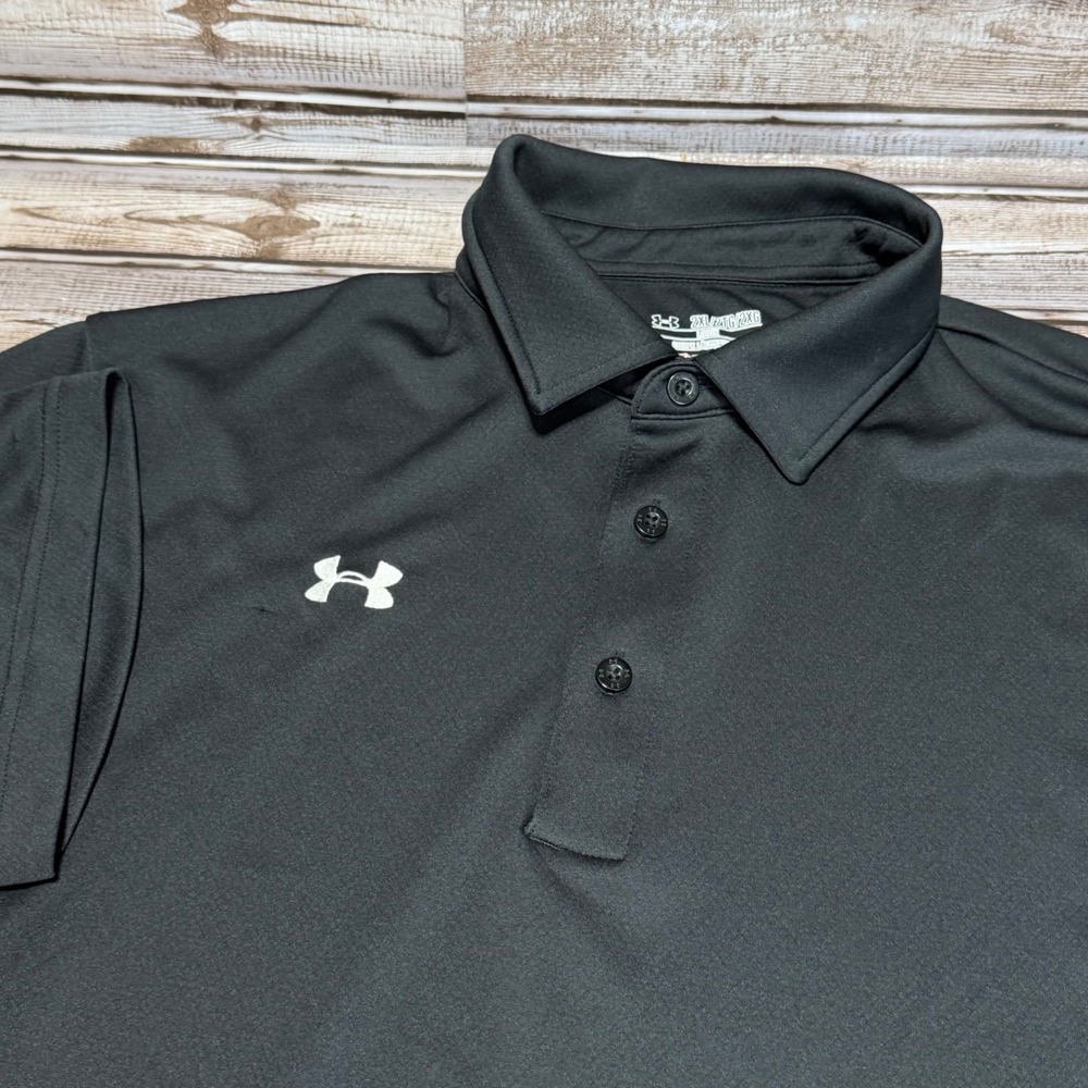 Under Armour Polo Shirt Mens 2XL Black HeatGear Loose Fit Short Sleeve See Pics